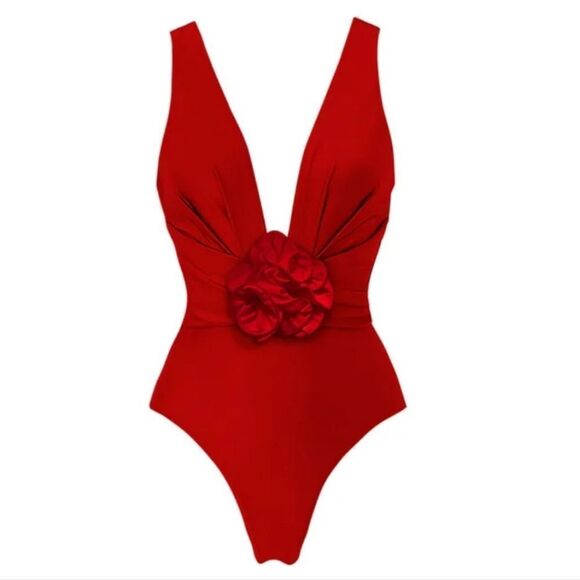 🌹New Elegant Red Plunge One Piece Swimsuit with Floral Detail - Picture 2 of 16